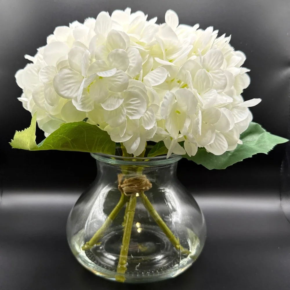 Faux Hydrangea Arrangement Home White Glass Vase Twine New